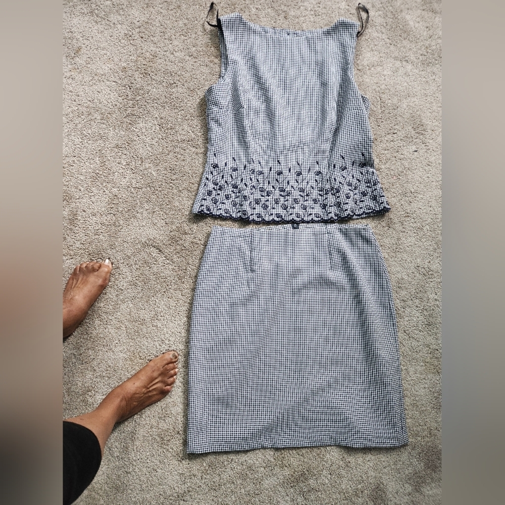 Connected Apparel Blue and White Checkered Pencil Skirt